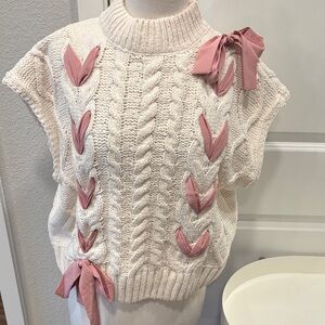 EUC Entro Ivory and Pink Ribbon Cable Knit Mock Turtleneck Sweater